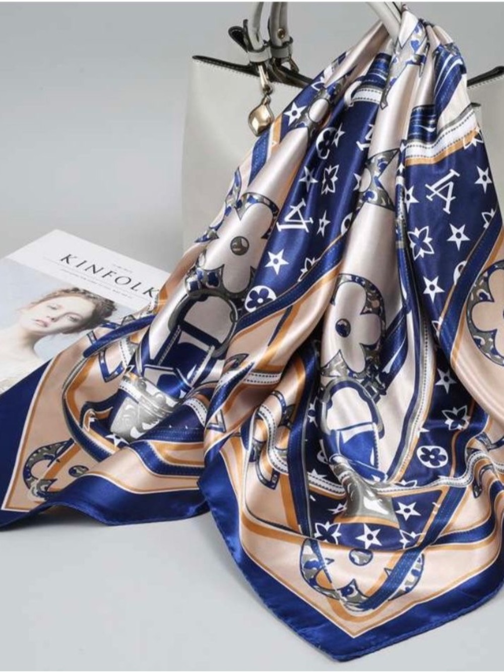 Elegant Navy and Champagne Satin-Feel Women's Scarf